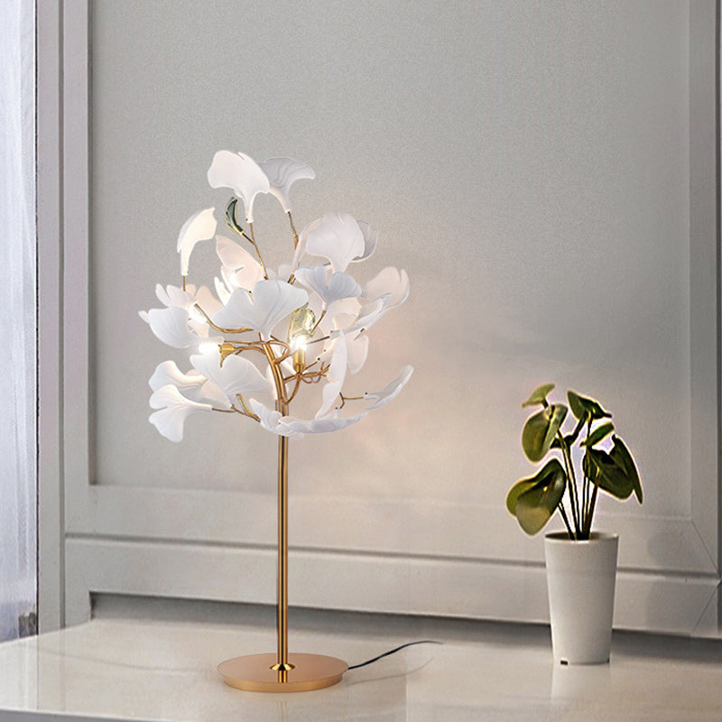 Lampe de table ronde à 4 lumières en porcelaine de fer traditionnelle française avec feuille de ginkgo pour salon 
