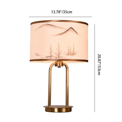 Traditional Chinese Fabric Metal Arched Cylinder 1-Light Table Lamp For Bedroom