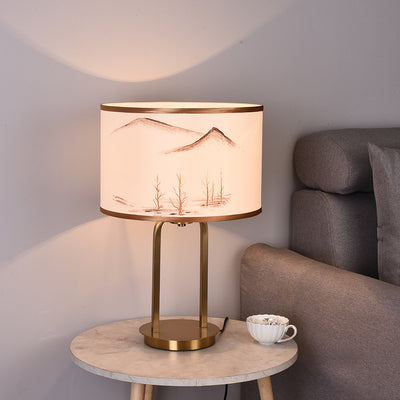 Traditional Chinese Fabric Metal Arched Cylinder 1-Light Table Lamp For Bedroom