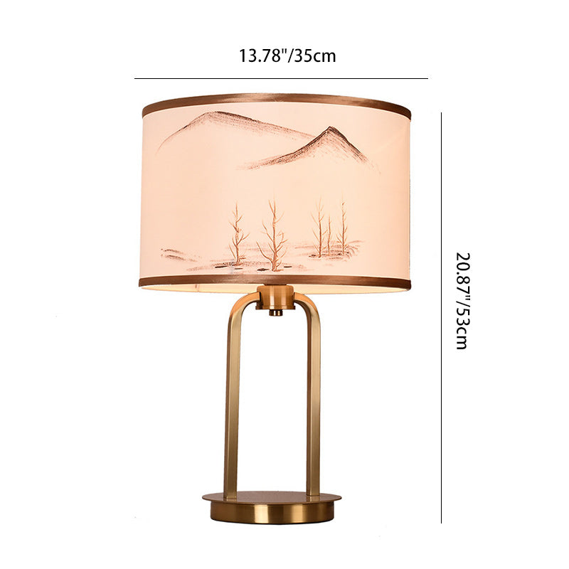 Traditional Chinese Fabric Metal Arched Cylinder 1-Light Table Lamp For Bedroom
