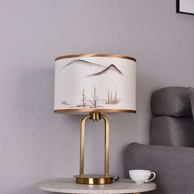 Traditional Chinese Fabric Metal Arched Cylinder 1-Light Table Lamp For Bedroom