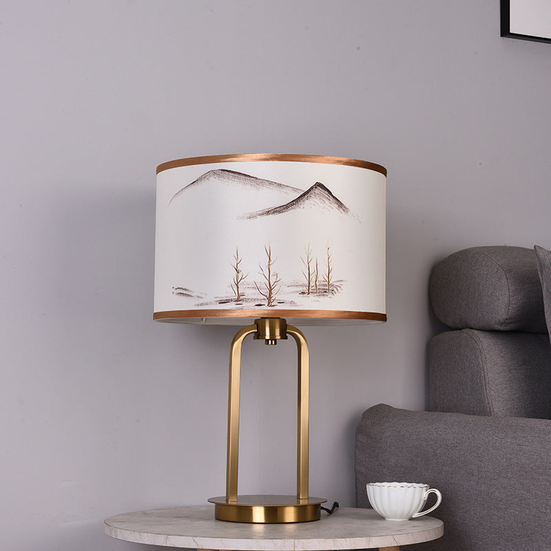 Traditional Chinese Fabric Metal Arched Cylinder 1-Light Table Lamp For Bedroom
