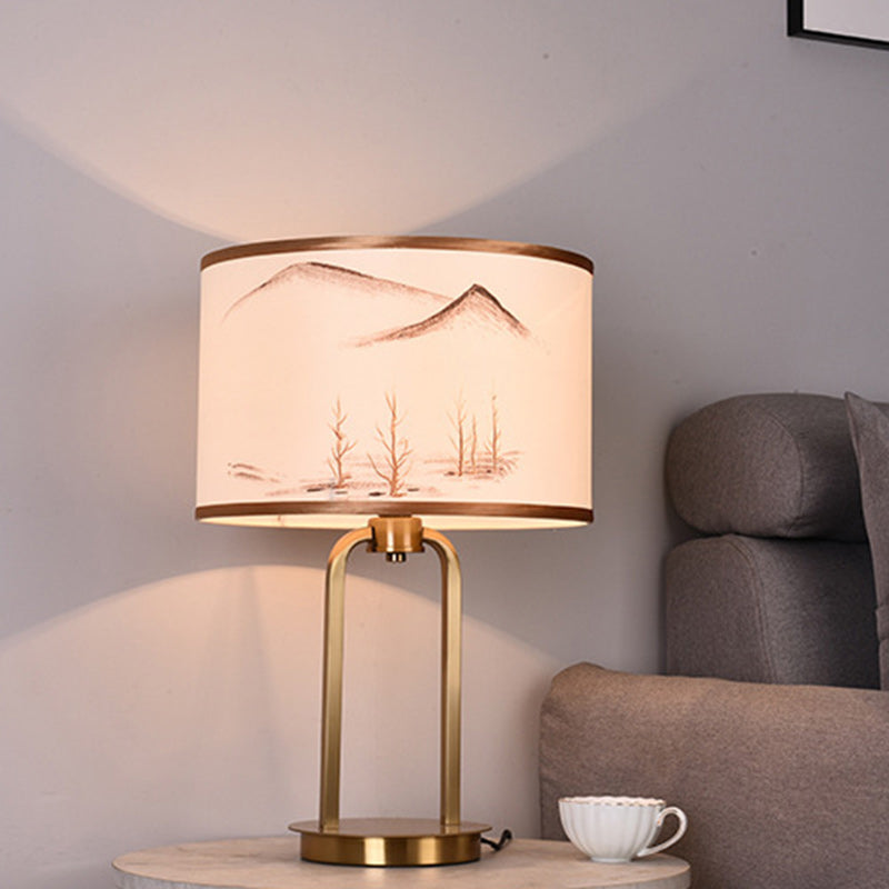 Traditional Chinese Fabric Metal Arched Cylinder 1-Light Table Lamp For Bedroom
