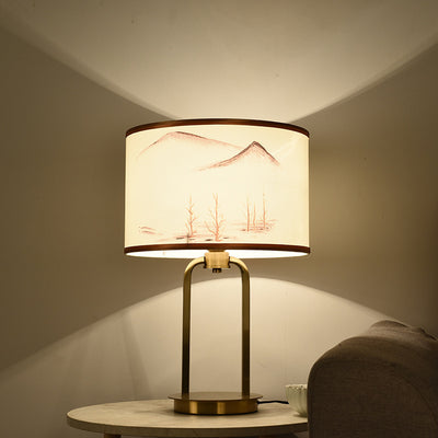 Traditional Chinese Fabric Metal Arched Cylinder 1-Light Table Lamp For Bedroom
