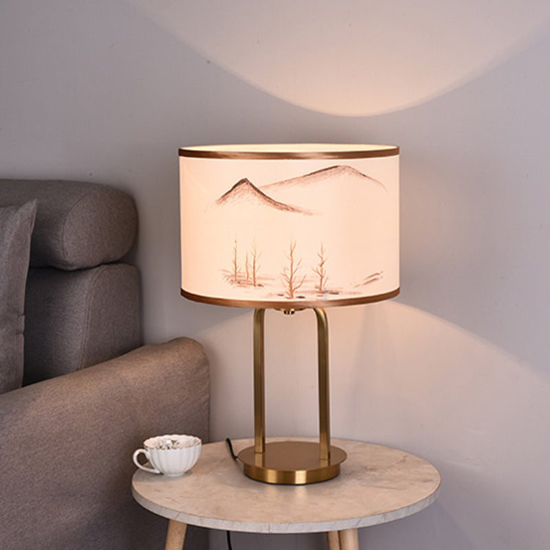 Traditional Chinese Fabric Metal Arched Cylinder 1-Light Table Lamp For Bedroom