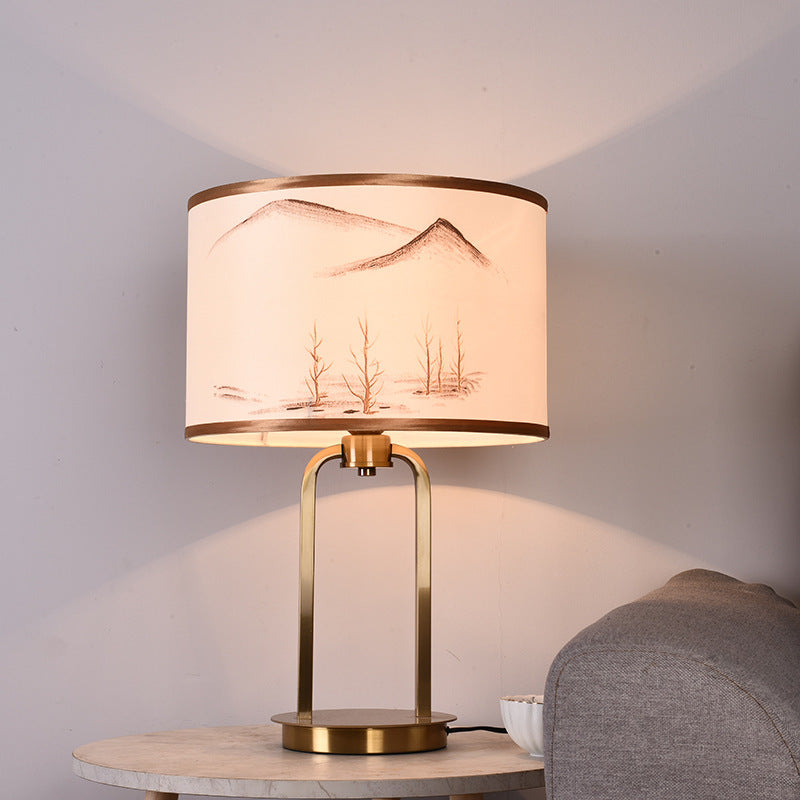 Traditional Chinese Fabric Metal Arched Cylinder 1-Light Table Lamp For Bedroom