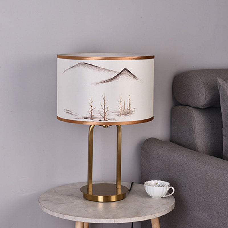 Traditional Chinese Fabric Metal Arched Cylinder 1-Light Table Lamp For Bedroom