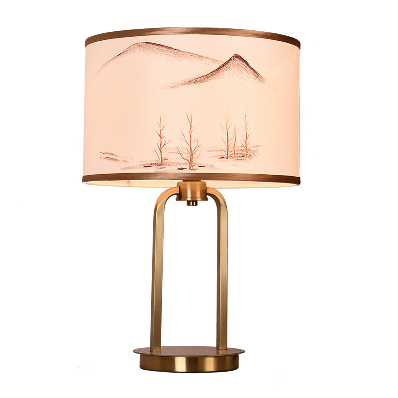 Traditional Chinese Fabric Metal Arched Cylinder 1-Light Table Lamp For Bedroom
