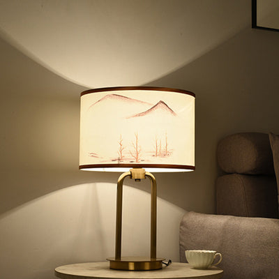 Traditional Chinese Fabric Metal Arched Cylinder 1-Light Table Lamp For Bedroom