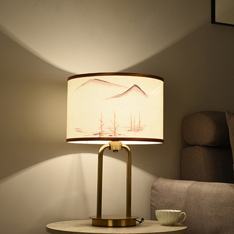 Traditional Chinese Fabric Metal Arched Cylinder 1-Light Table Lamp For Bedroom