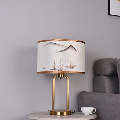 Traditional Chinese Fabric Metal Arched Cylinder 1-Light Table Lamp For Bedroom
