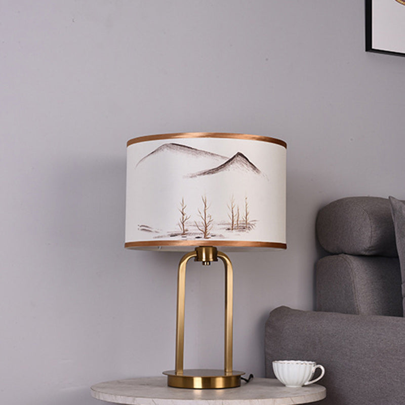 Traditional Chinese Fabric Metal Arched Cylinder 1-Light Table Lamp For Bedroom