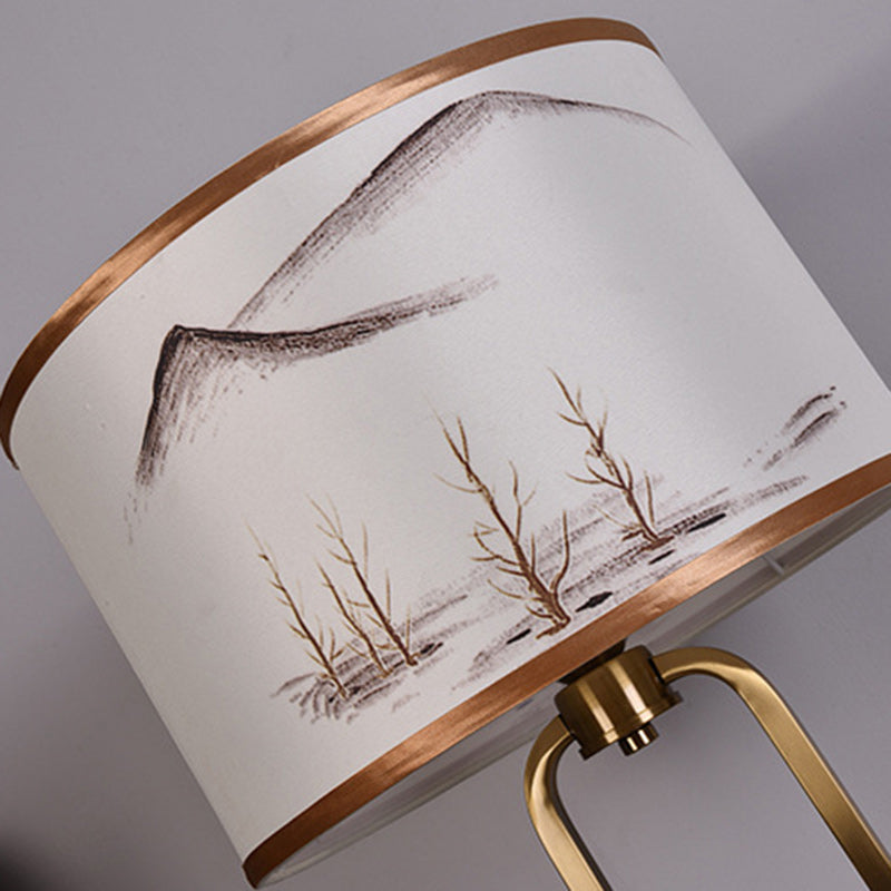 Traditional Chinese Fabric Metal Arched Cylinder 1-Light Table Lamp For Bedroom
