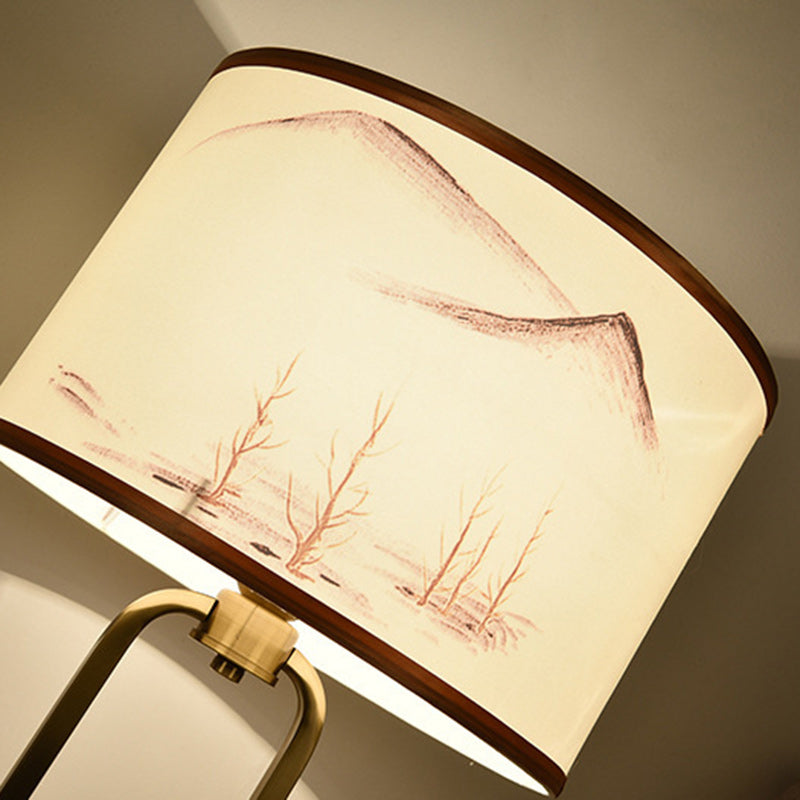Traditional Chinese Fabric Metal Arched Cylinder 1-Light Table Lamp For Bedroom