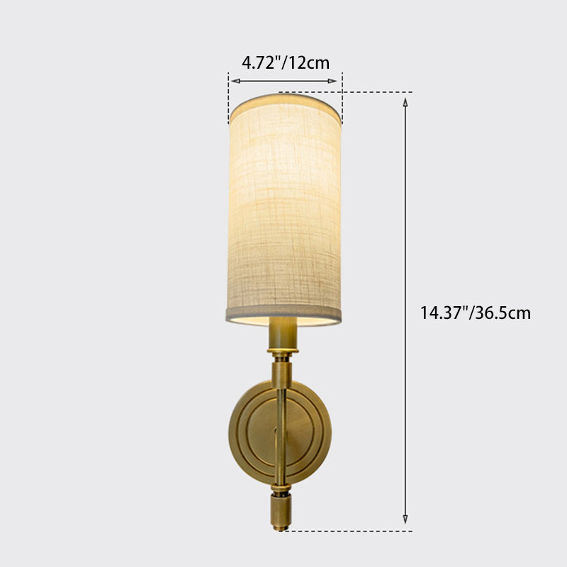 Moderne minimalistische Leinen-Messing-runde zylindrische 1-Licht-Wandleuchte für das Schlafzimmer 
