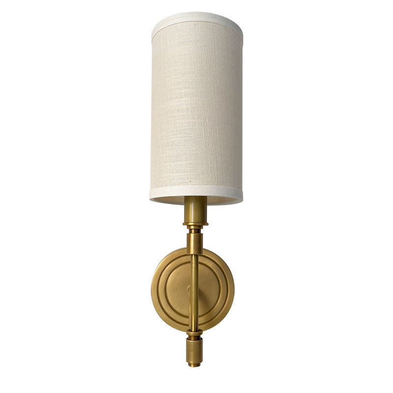 Moderne minimalistische Leinen-Messing-runde zylindrische 1-Licht-Wandleuchte für das Schlafzimmer 