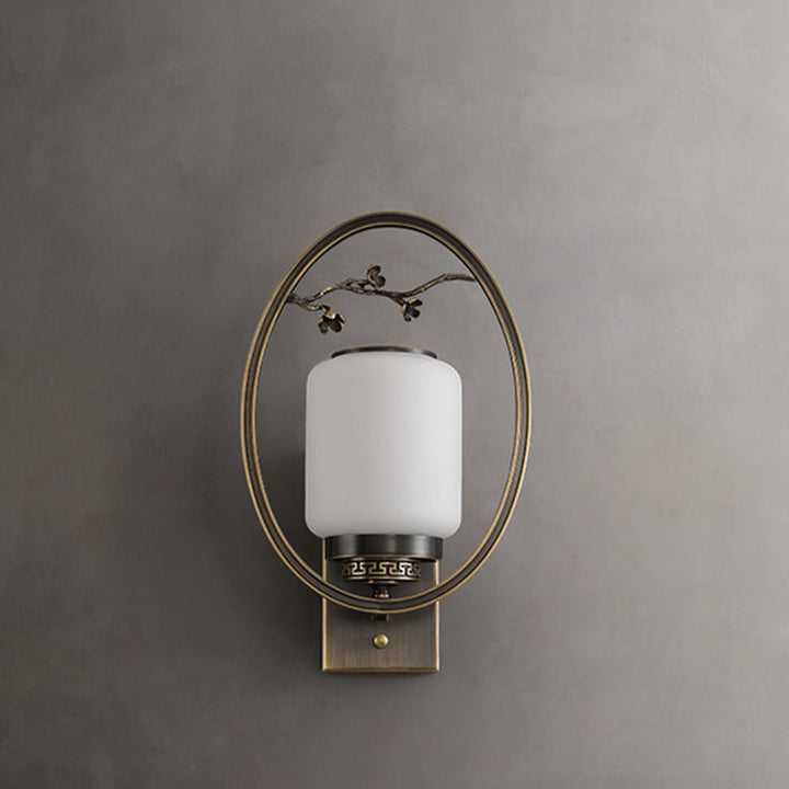 Traditional Chinese Brass Glass Fan-Shaped Elliptical 1-Light Wall Sconce Lamp For Living Room
