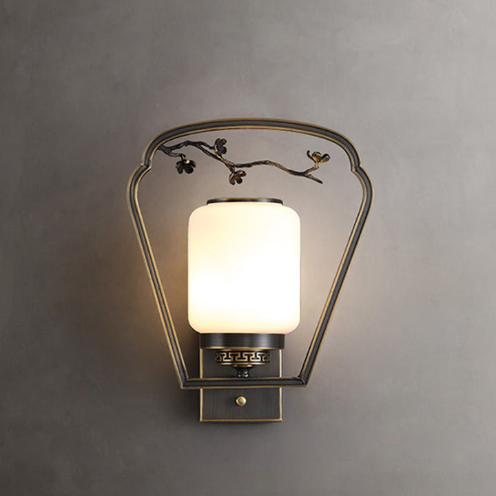 Traditional Chinese Brass Glass Fan-Shaped Elliptical 1-Light Wall Sconce Lamp For Living Room
