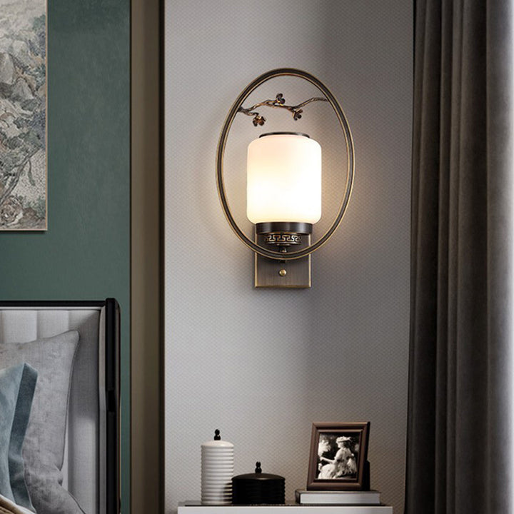 Traditional Chinese Brass Glass Fan-Shaped Elliptical 1-Light Wall Sconce Lamp For Living Room