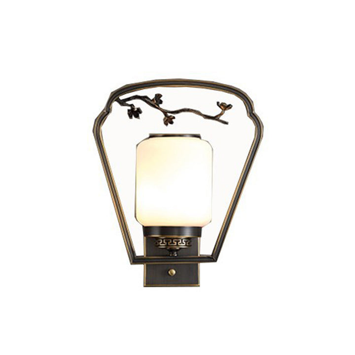 Traditional Chinese Brass Glass Fan-Shaped Elliptical 1-Light Wall Sconce Lamp For Living Room