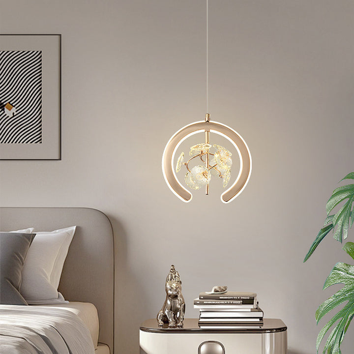 Lámpara colgante LED redonda de hierro cristalino floral creativo contemporáneo para sala de estar 