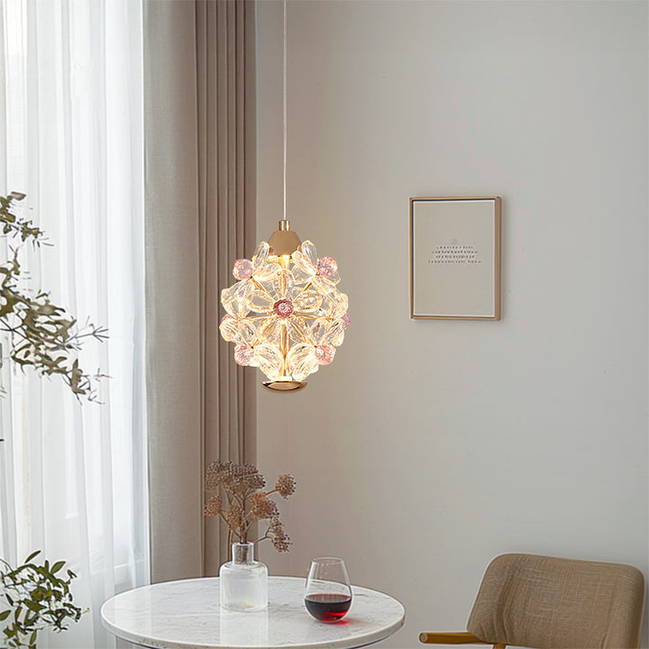 Lámpara colgante LED redonda de hierro cristalino floral creativo contemporáneo para sala de estar 