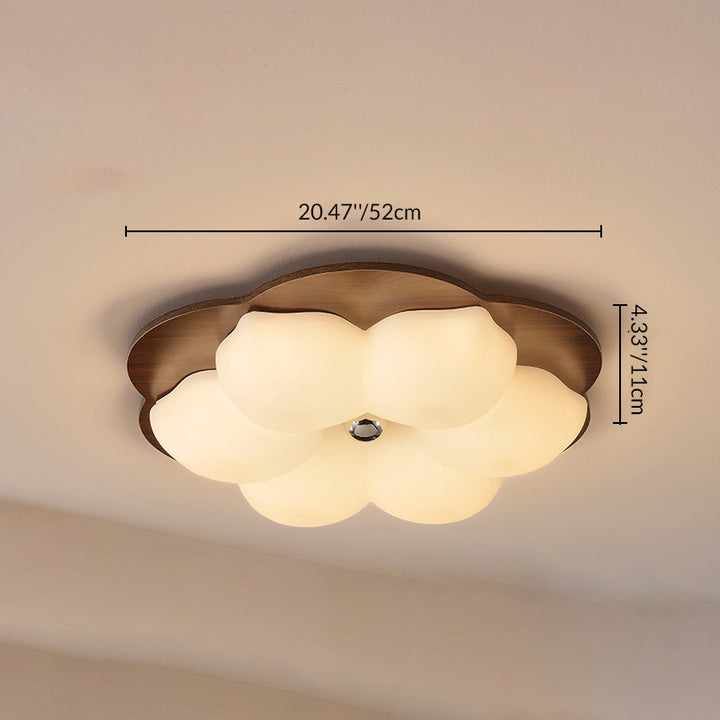 Traditional Chinese Solid Wood PE Iron Cloud Flower LED Flush Mount Ceiling Light For Bedroom