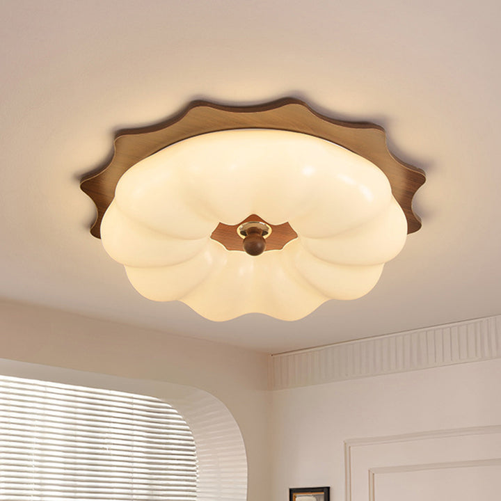 Traditional Chinese Acrylic Solid Wood Iron Pumpkin Flower LED Flush Mount Ceiling Light For Bedroom