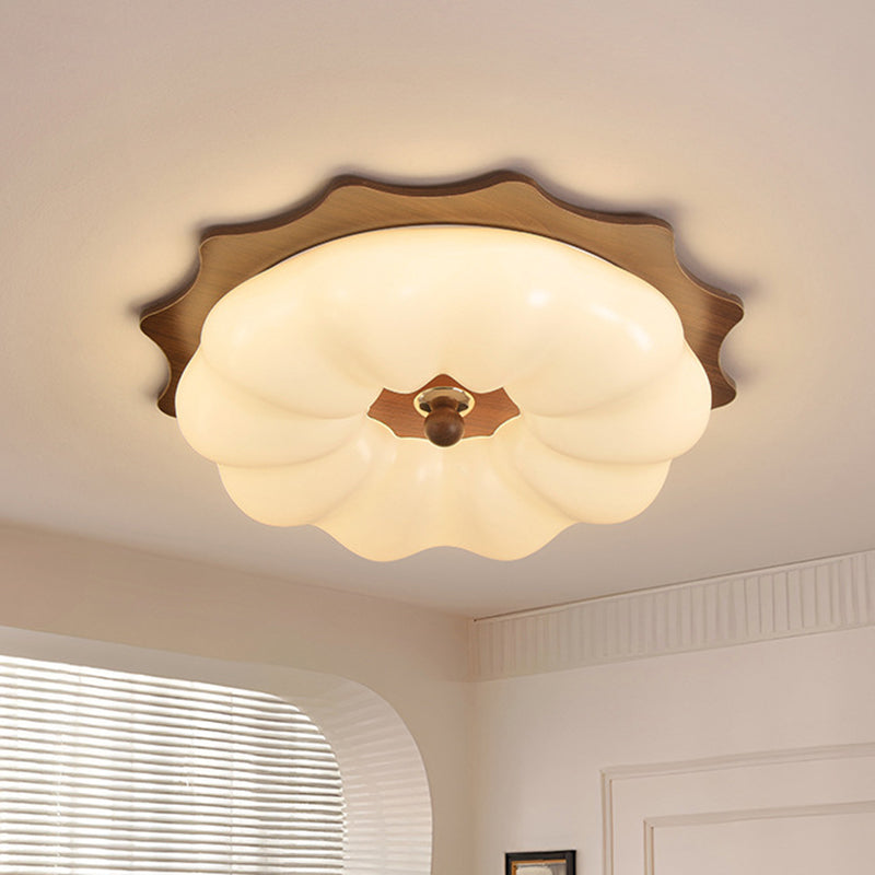 Traditional Chinese Acrylic Solid Wood Iron Pumpkin Flower LED Flush Mount Ceiling Light For Bedroom