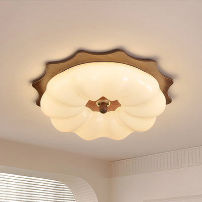 Traditional Chinese Acrylic Solid Wood Iron Pumpkin Flower LED Flush Mount Ceiling Light For Bedroom