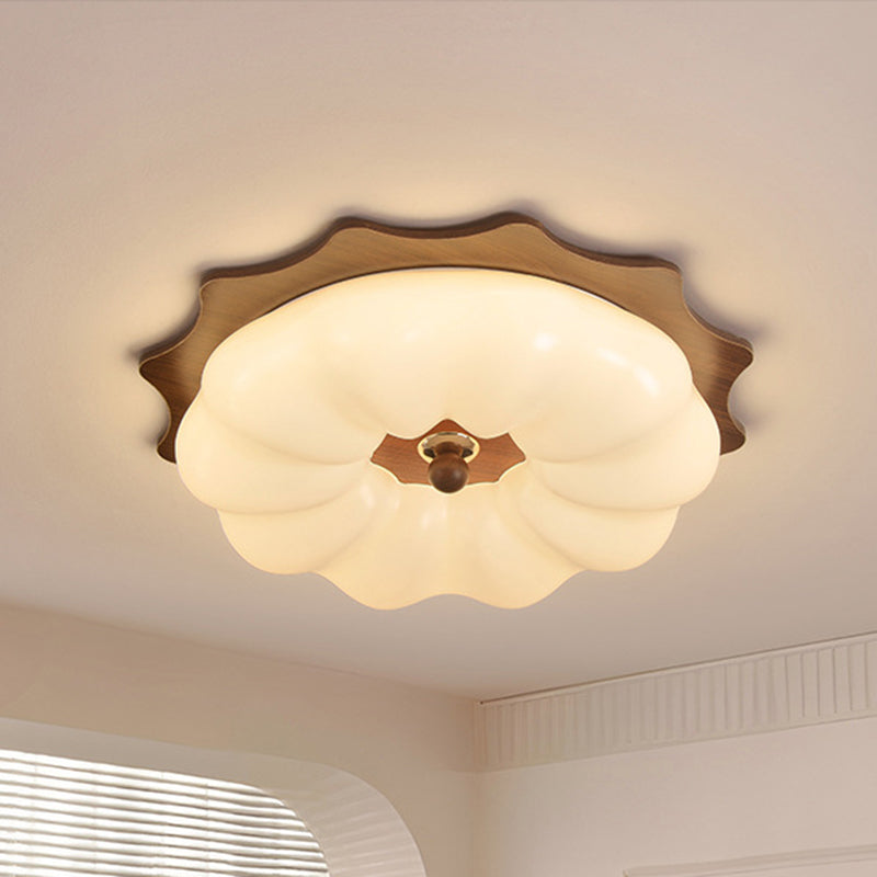 Traditional Chinese Acrylic Solid Wood Iron Pumpkin Flower LED Flush Mount Ceiling Light For Bedroom