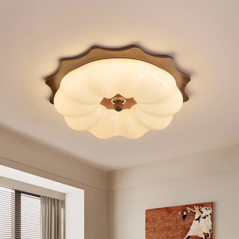 Traditional Chinese Acrylic Solid Wood Iron Pumpkin Flower LED Flush Mount Ceiling Light For Bedroom