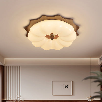 Traditional Chinese Acrylic Solid Wood Iron Pumpkin Flower LED Flush Mount Ceiling Light For Bedroom