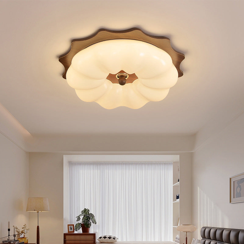 Traditional Chinese Acrylic Solid Wood Iron Pumpkin Flower LED Flush Mount Ceiling Light For Bedroom