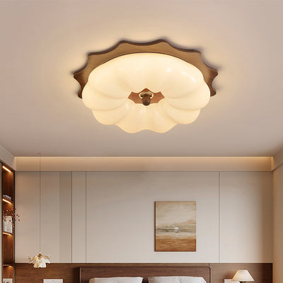 Traditional Chinese Acrylic Solid Wood Iron Pumpkin Flower LED Flush Mount Ceiling Light For Bedroom