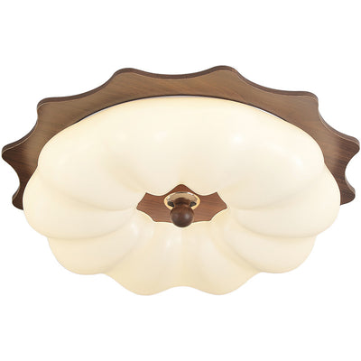 Traditional Chinese Acrylic Solid Wood Iron Pumpkin Flower LED Flush Mount Ceiling Light For Bedroom