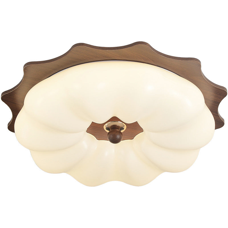 Traditional Chinese Acrylic Solid Wood Iron Pumpkin Flower LED Flush Mount Ceiling Light For Bedroom