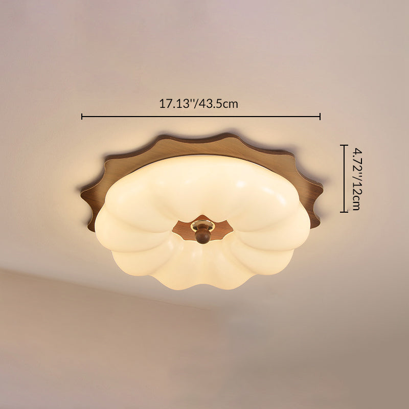 Traditional Chinese Acrylic Solid Wood Iron Pumpkin Flower LED Flush Mount Ceiling Light For Bedroom
