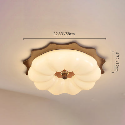 Traditional Chinese Acrylic Solid Wood Iron Pumpkin Flower LED Flush Mount Ceiling Light For Bedroom