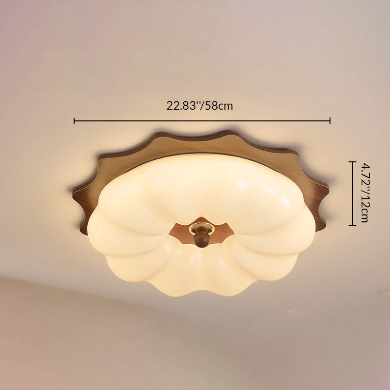 Traditional Chinese Acrylic Solid Wood Iron Pumpkin Flower LED Flush Mount Ceiling Light For Bedroom