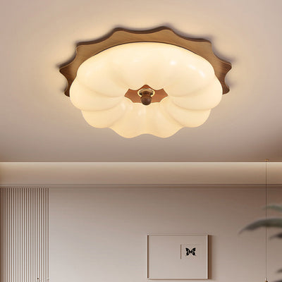 Traditional Chinese Acrylic Solid Wood Iron Pumpkin Flower LED Flush Mount Ceiling Light For Bedroom