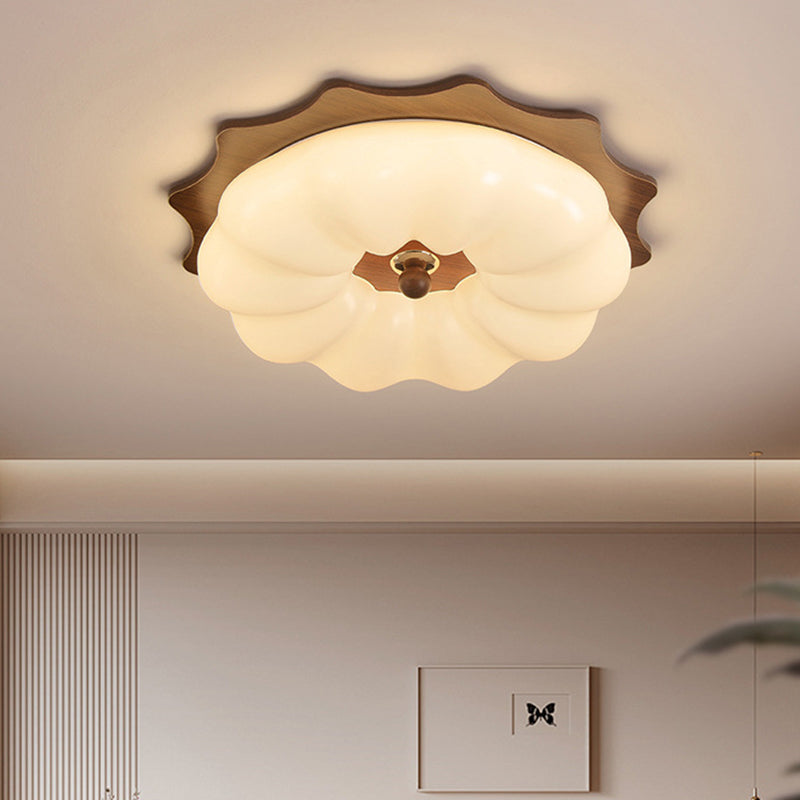 Traditional Chinese Acrylic Solid Wood Iron Pumpkin Flower LED Flush Mount Ceiling Light For Bedroom
