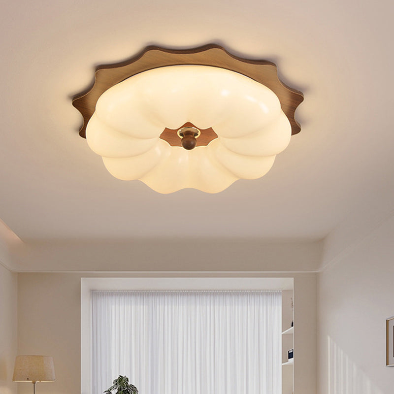 Traditional Chinese Acrylic Solid Wood Iron Pumpkin Flower LED Flush Mount Ceiling Light For Bedroom
