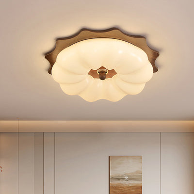 Traditional Chinese Acrylic Solid Wood Iron Pumpkin Flower LED Flush Mount Ceiling Light For Bedroom
