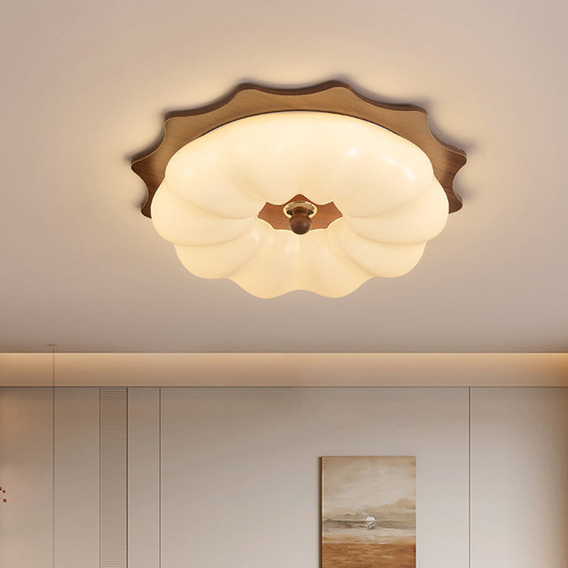 Traditional Chinese Acrylic Solid Wood Iron Pumpkin Flower LED Flush Mount Ceiling Light For Bedroom