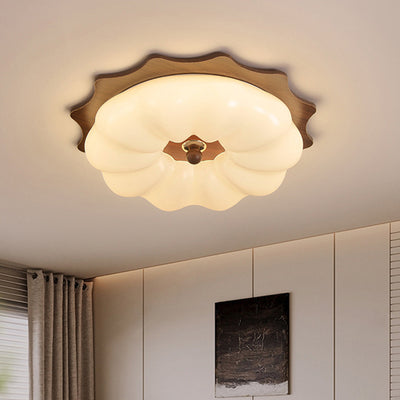 Traditional Chinese Acrylic Solid Wood Iron Pumpkin Flower LED Flush Mount Ceiling Light For Bedroom