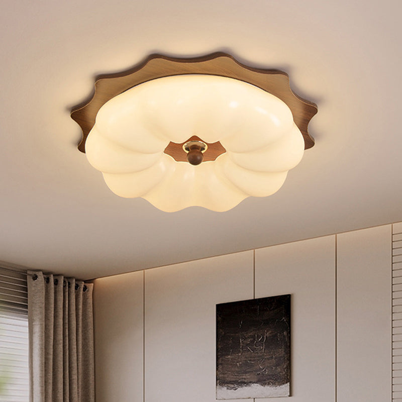 Traditional Chinese Acrylic Solid Wood Iron Pumpkin Flower LED Flush Mount Ceiling Light For Bedroom