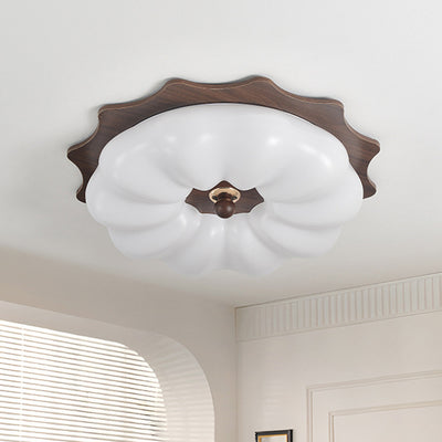 Traditional Chinese Acrylic Solid Wood Iron Pumpkin Flower LED Flush Mount Ceiling Light For Bedroom
