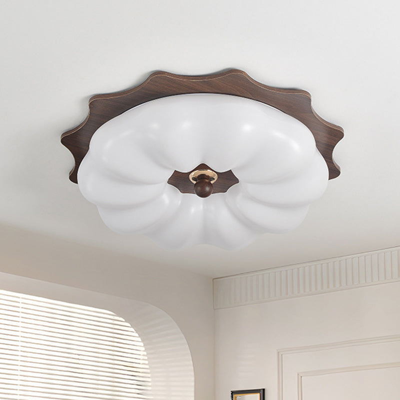 Traditional Chinese Acrylic Solid Wood Iron Pumpkin Flower LED Flush Mount Ceiling Light For Bedroom