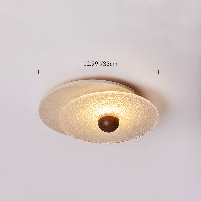 Traditional Vintage Travertine Wood Glass Stacked Round LED Flush Mount Ceiling Light For Bedroom